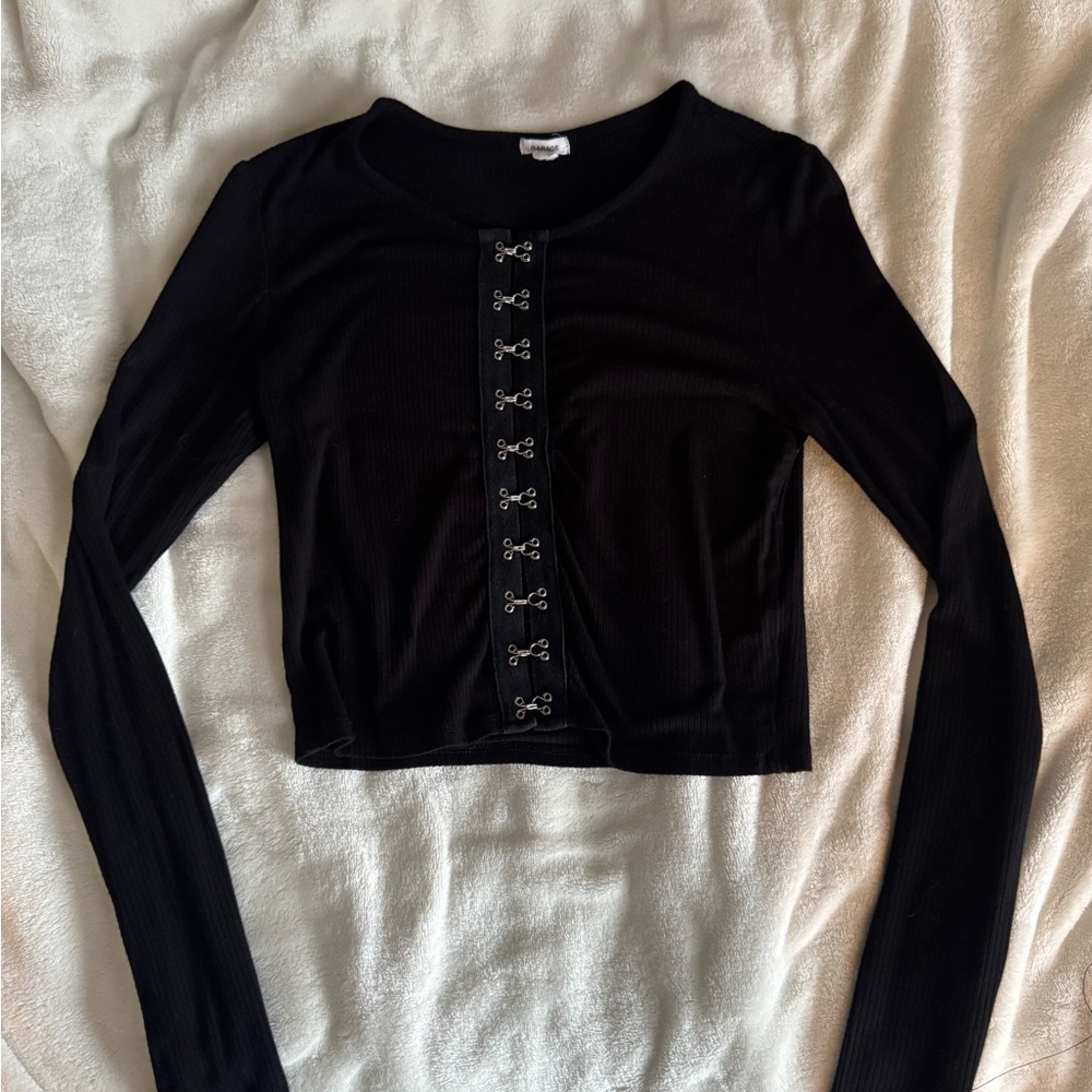 Garage Black Long Sleeve Crop Top with Hook Details